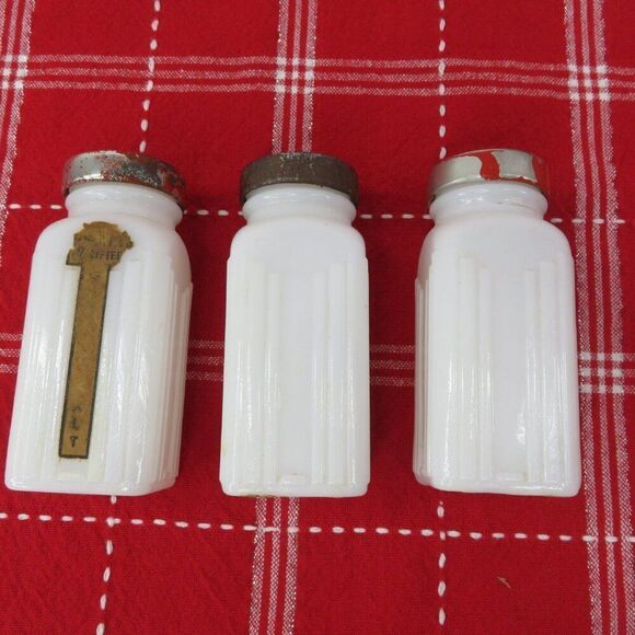 Griffiths Milk Glass Spice Jars Set of 10 Red Lids Some Labels - Picture 8 of 10